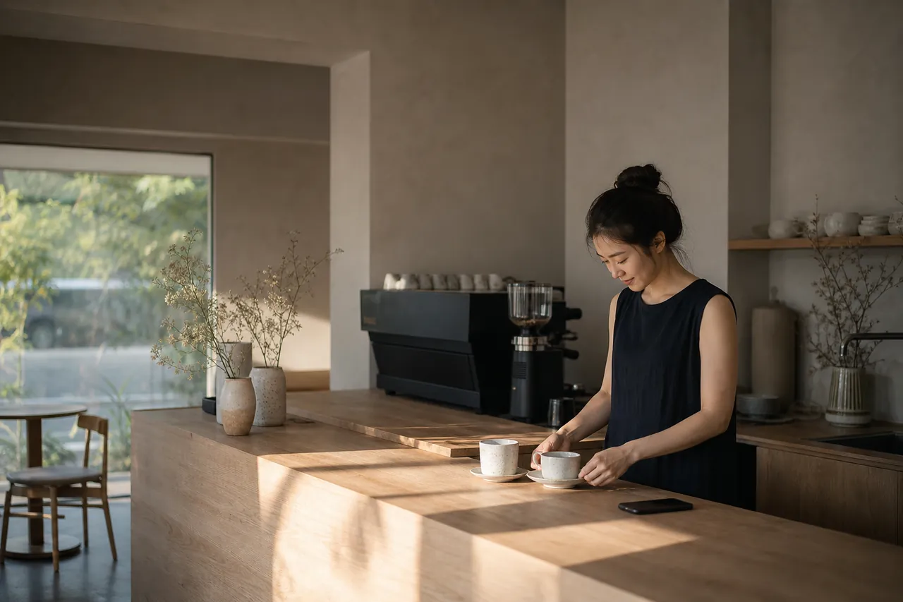 A Thai specialty café interior at dawn — the owner arranges cups behind a light-wood counter in soft Nordic morning light