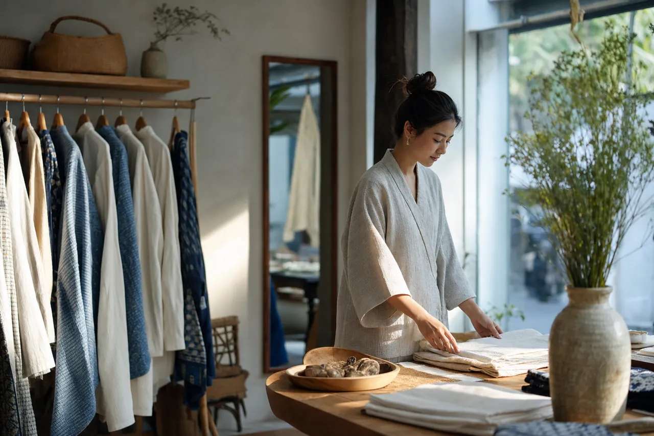 A small Thai boutique retail shop at dawn — the owner folds garments near a window in soft cool light with one warm sun streak