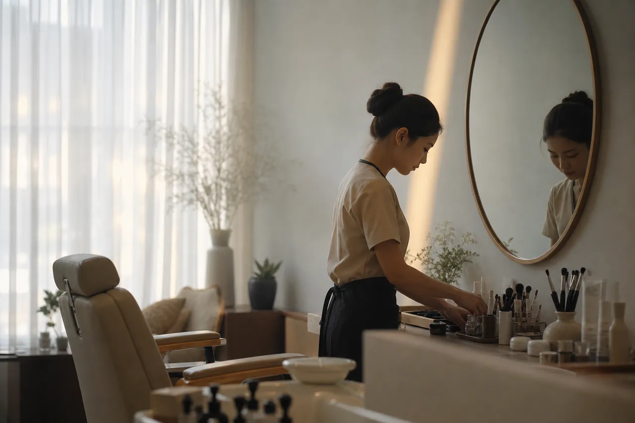 A calm Thai beauty salon at dawn — a stylist arranges tools near a mirror as soft morning light comes through sheer curtains