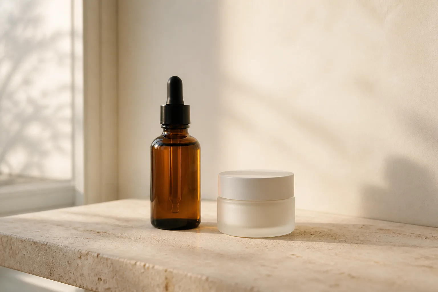 Dawn Serum — amber glass dropper bottle and cream jar in soft morning light